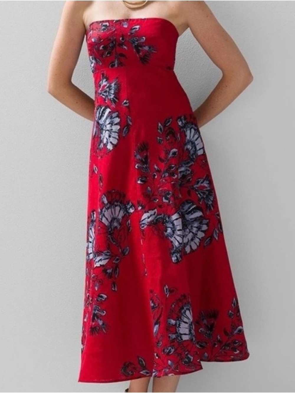 White House Black Market Red Floral strapless dress with Black & Blue Accents